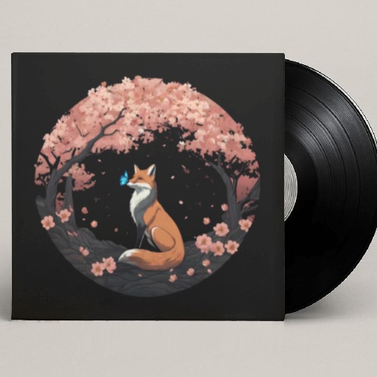 Cherry Blossom Fox Mythical Kitsune with Butterfly Custom Vinyl Record Sleeves