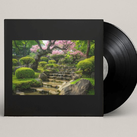 Serene Japanese Garden with Waterfall and Blossoms Custom Vinyl Record Sleeves