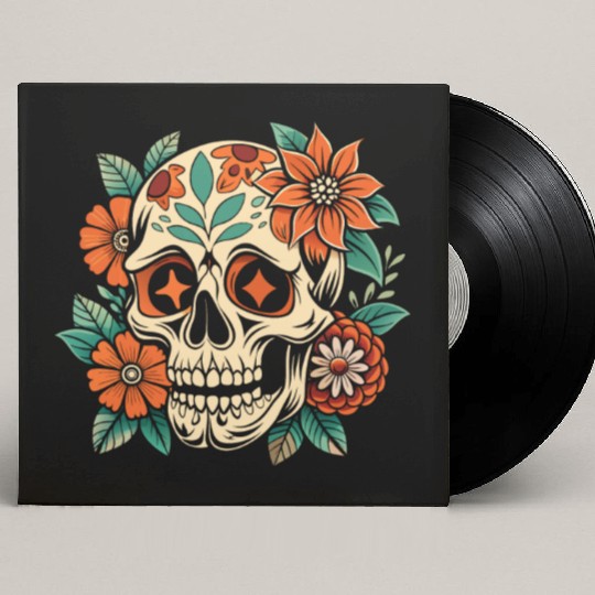 Vintage Retro Halloween Sugar Skull with floral Custom Vinyl Record Sleeves