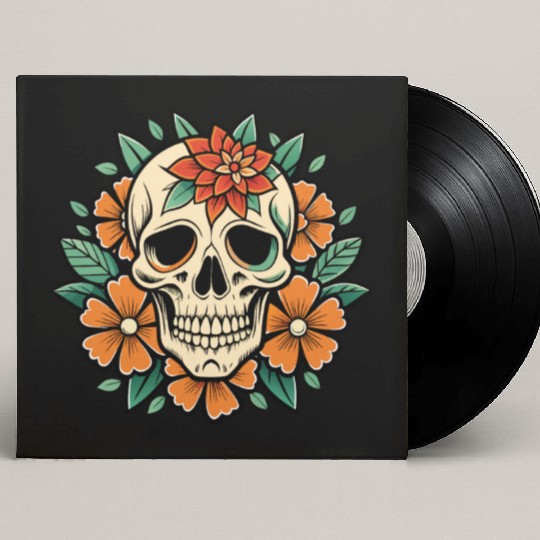 Vintage Retro Halloween Sugar Skull with floral Custom Vinyl Record Sleeves