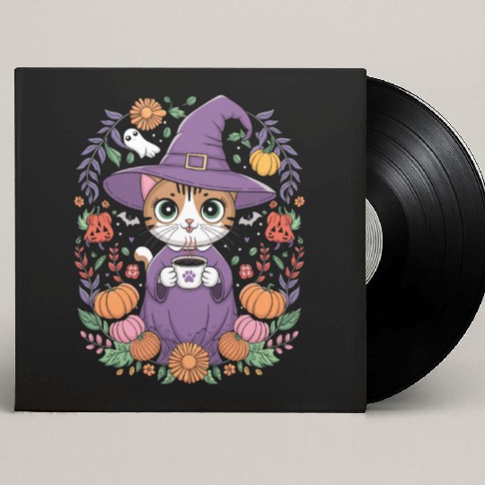 Halloween Cute Witch Cat with Coffee Mug Custom Vinyl Record Sleeves