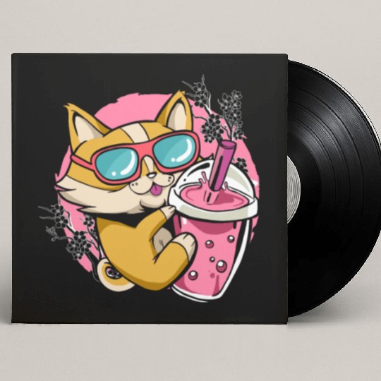 Kitten Kawaii Boba Milk Tea Drinking Cat Custom Vinyl Record Sleeves