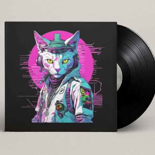 Neon Cyberpunk Warrior Cat Custom Vinyl Record Sleeves
