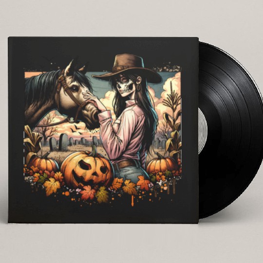 Haunting Cowgirl and Horse in Halloween Graveyard Custom Vinyl Record Sleeves