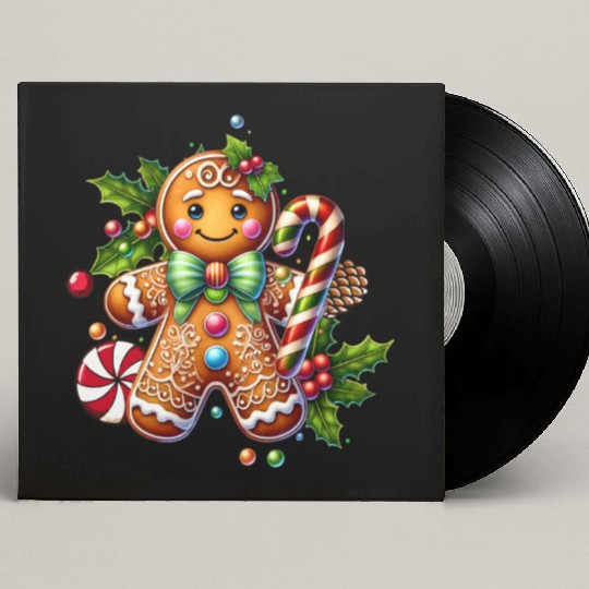 Happy gingerbread man with candy cane Custom Vinyl Record Sleeves