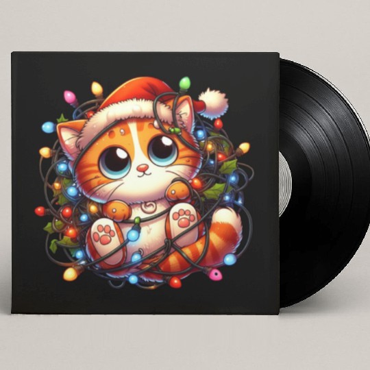 Whimsical Cat’s Christmas Lights Adventure Custom Vinyl Record Sleeves