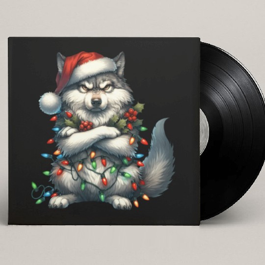 Wolf with Santa Hat and Christmas Lights Design Custom Vinyl Record Sleeves