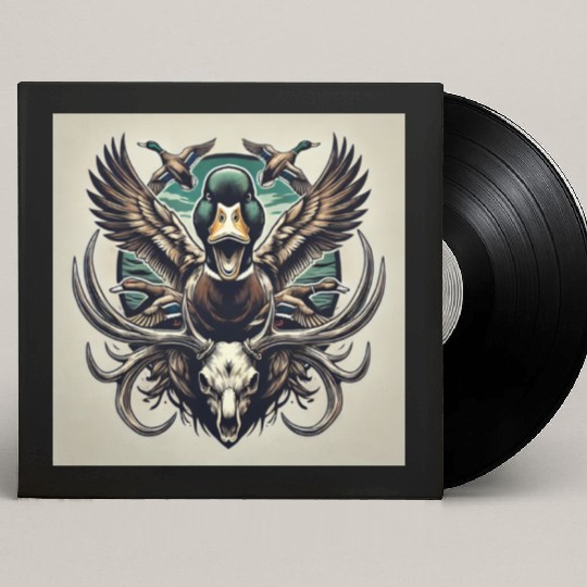 Mallard duck flying over deer skull in marsh Custom Vinyl Record Sleeves