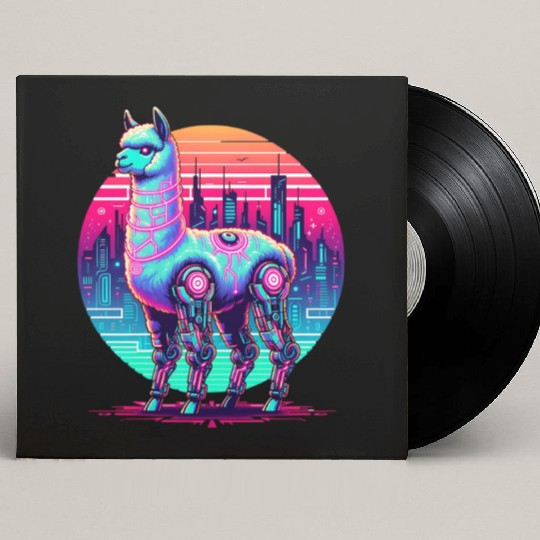 Futuristic Cyber Llama in Neon Cityscape Custom Vinyl Record Sleeves