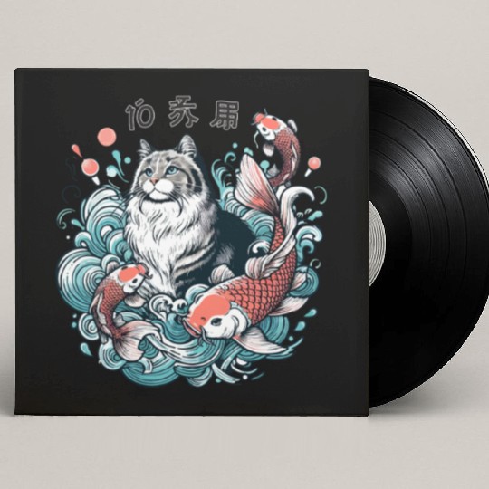 Flow with Grace - Majestic Cat & Koi Fish Custom Vinyl Record Sleeves