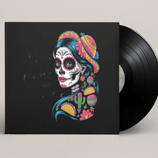 Cinco de Mayo Sugar Skull Girl Sombrero & Flowers Custom Vinyl Record Sleeves