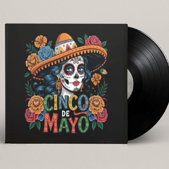 Cinco de Mayo Sugar Skull Girl Sombrero & Flowers Custom Vinyl Record Sleeves