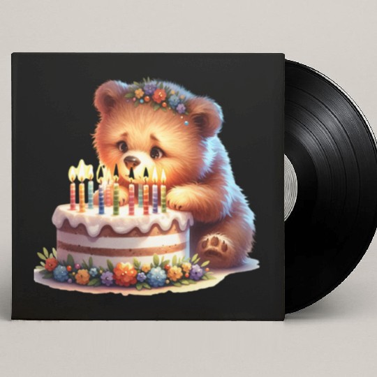 Birthday Bear – Cute Candle Cake & Floral Crown Custom Vinyl Record Sleeves