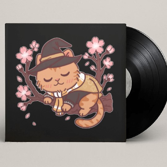 Whimsical Witch Cat in Cherry Blossom Tree Custom Vinyl Record Sleeves