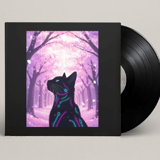 Midnight Cyber Cat | Pink Cherry Blossom Forest Custom Vinyl Record Sleeves