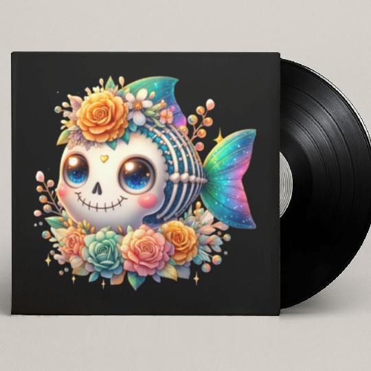 Whimsical Skeleton Fish with Floral Crown Custom Vinyl Record Sleeves