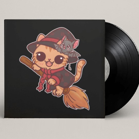 Enchanted Witch Cat with Bat Companion Custom Vinyl Record Sleeves