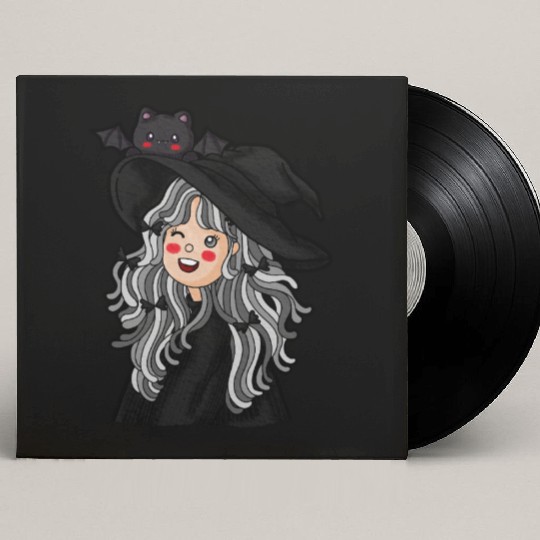Whimsical Witch with Bat Familiar Custom Vinyl Record Sleeves