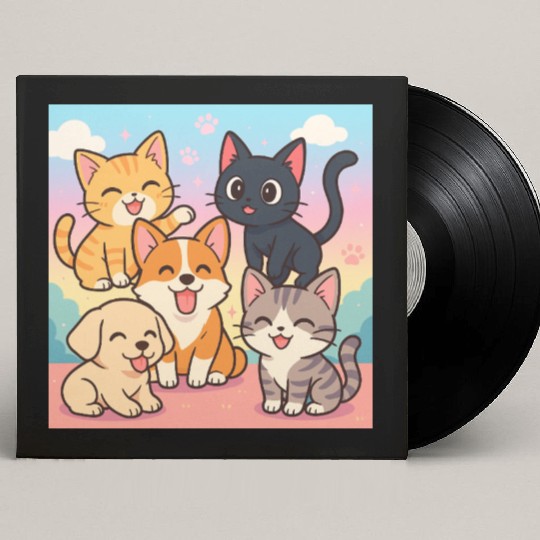 Colorful Cute Cats and Puppy Illustration Custom Vinyl Record Sleeves