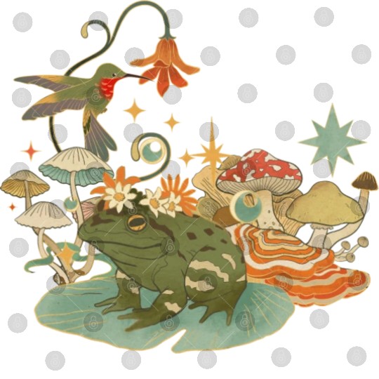 Cottagecore with frog, mushrooms and hummingbird Digital Files