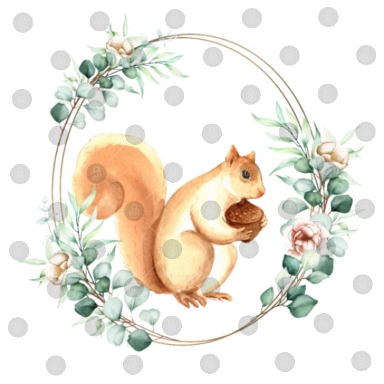 Squirrel Holding An Acorn in a Floral Gold Wreath Digital Files