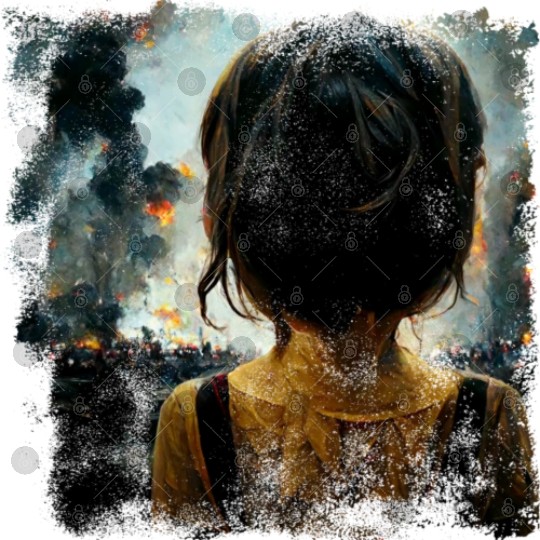 Kid in war looking at explosion 2 AI painting Digital Files