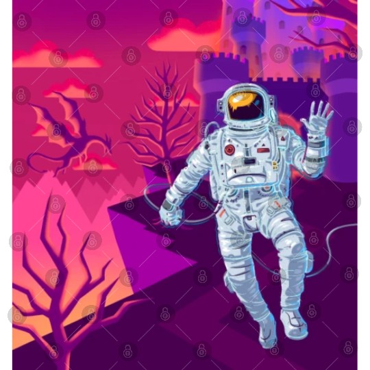 Astronaut in a fantasy world with castle dragons Digital Files