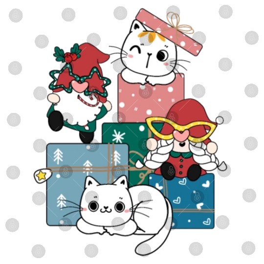cute gnome and kitty cats on present gift box Digital Files