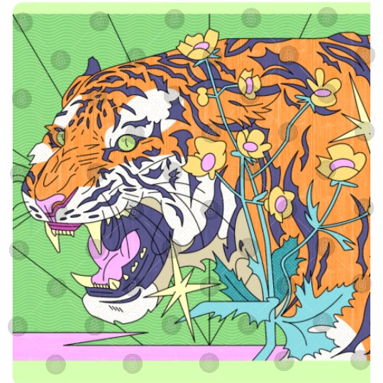 Tiger in a flower garden in a retro fantasy design Digital Files