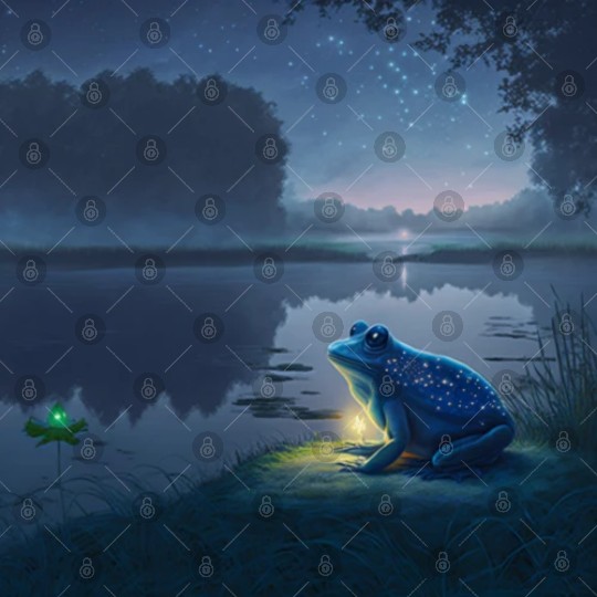 Blue Frog and Firefly on a pond at Night Digital Files
