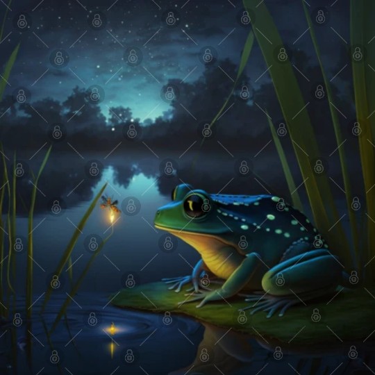 Frog and Firefly Friends on the Pond at Night Digital Files