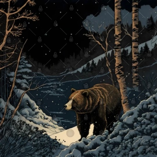 Ukiyo bear in forest landscape at night winter Digital Files