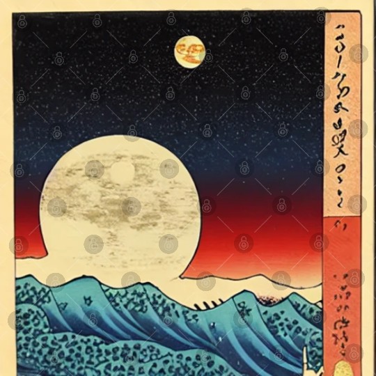 Ukiyo-e Moon over Mountain Range, Japanese Print Digital Files