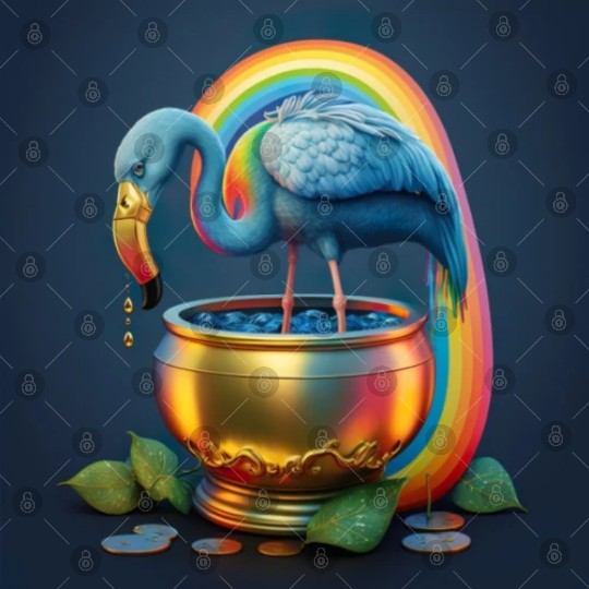 a blue flamingo on a rainbow with a golden coin Digital Files