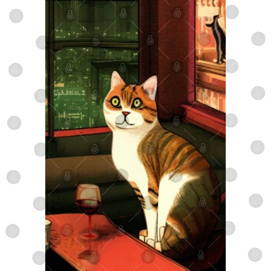 Cat in pub with wine glass cartoon poster Digital Files