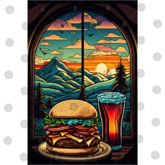 Church window with hamburger burger and drink Digital Files