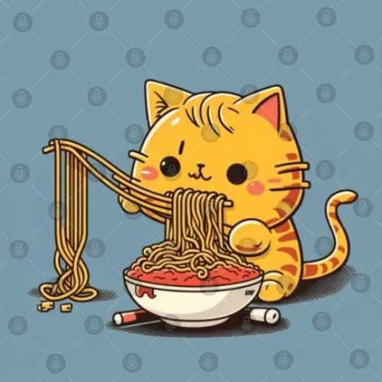 Japanese cat eating spaghetti Digital Files