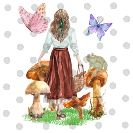 CottageCore girl mushrooms frog butterflies Digital Files
