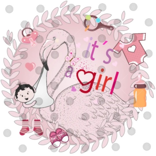 Flamingo with baby and baby paraphernalia in pink Digital Files