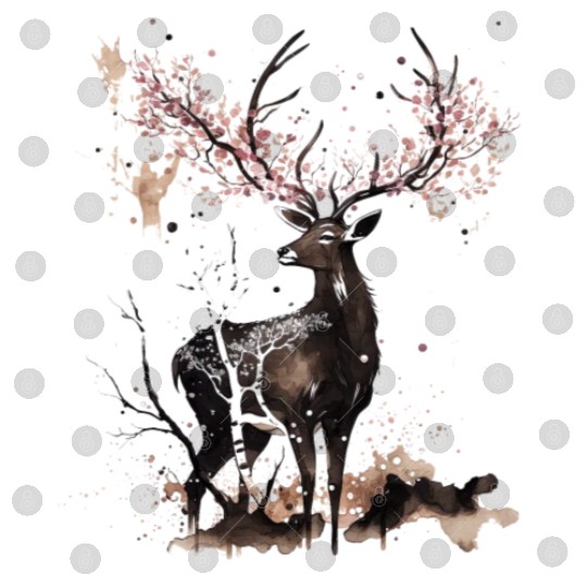 Deer Cherry blossoms Sakura tree Sumie Digital Files