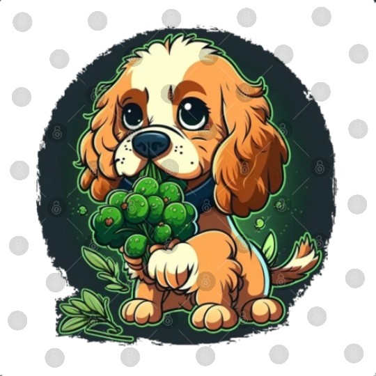 Cute dog eats green broccoli vegetables Digital Files