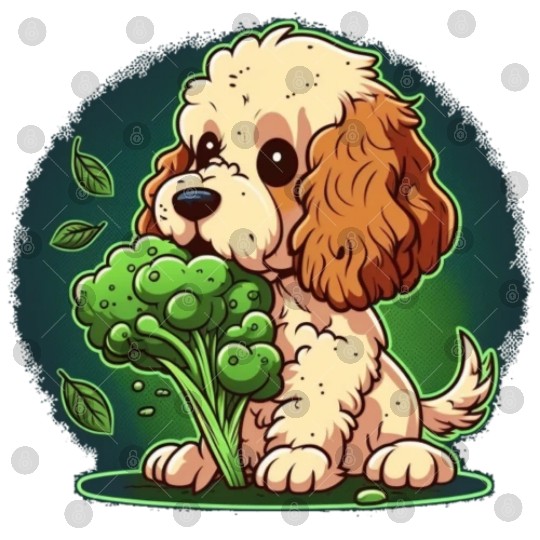 Cute dog eats green broccoli vegetables Digital Files