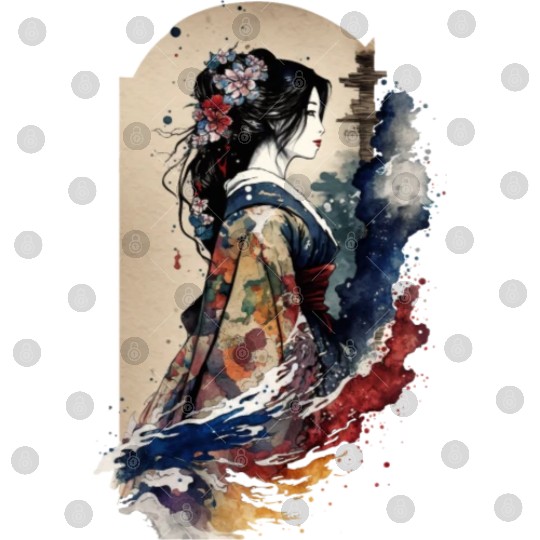 Geisha Watercolor Sea Waves Asian Art Woman Digital Files