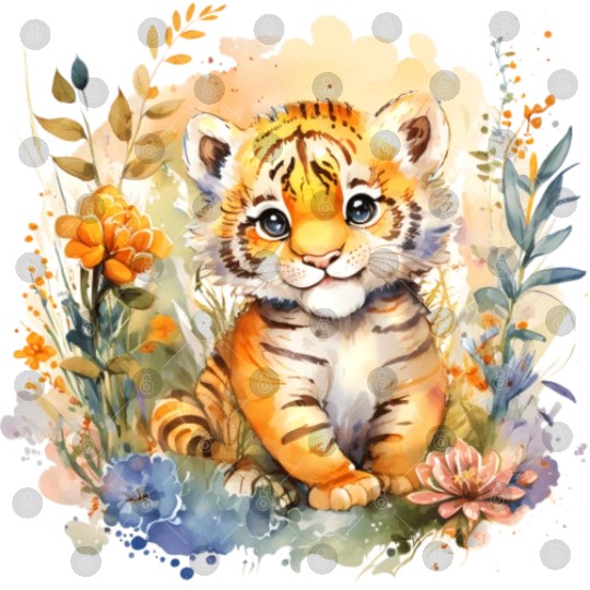 Baby Tiger Safari Animal Watercolor Floral Digital Files