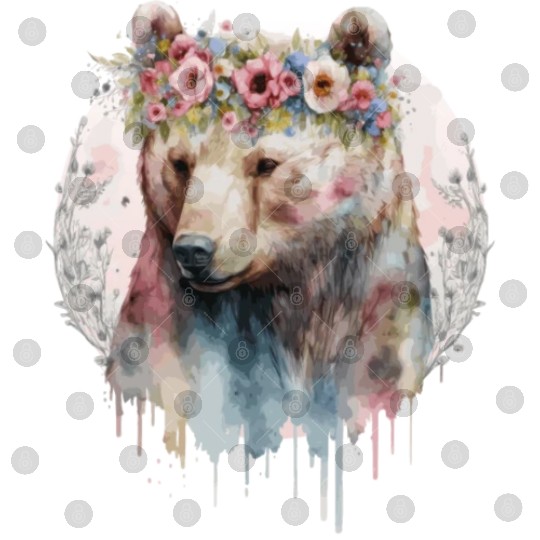 Artistic Watercolor Grizzly Bear Flower Crown Boho Digital Files