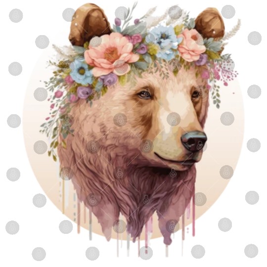 Watercolor Brown Bear Grizzly Flower Crown Wild An Digital Files