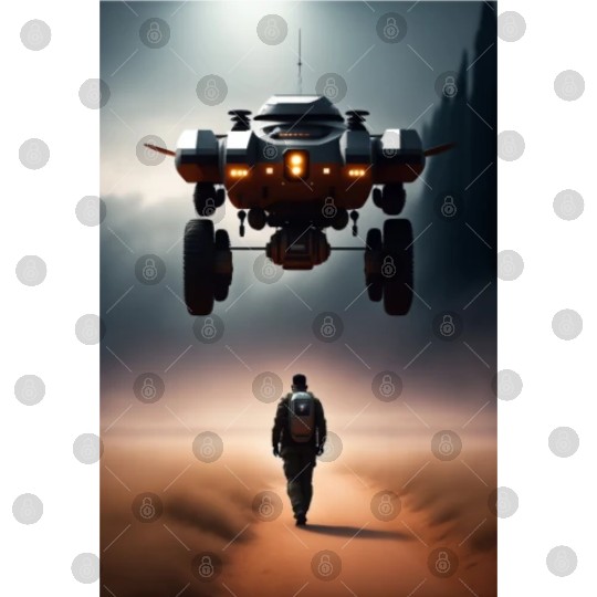 A robot hovering near a man Digital Files