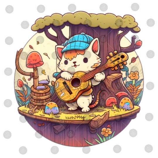 Cute Kawaii Cat Playing Guitar Banjo On Log Digital Files
