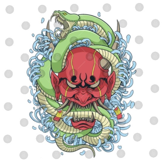 Japanese oni mask with peony flower and greem snak Digital Files