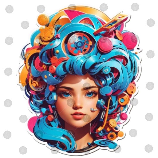 Psychedelic girl with multi color hair. futuristic Digital Files